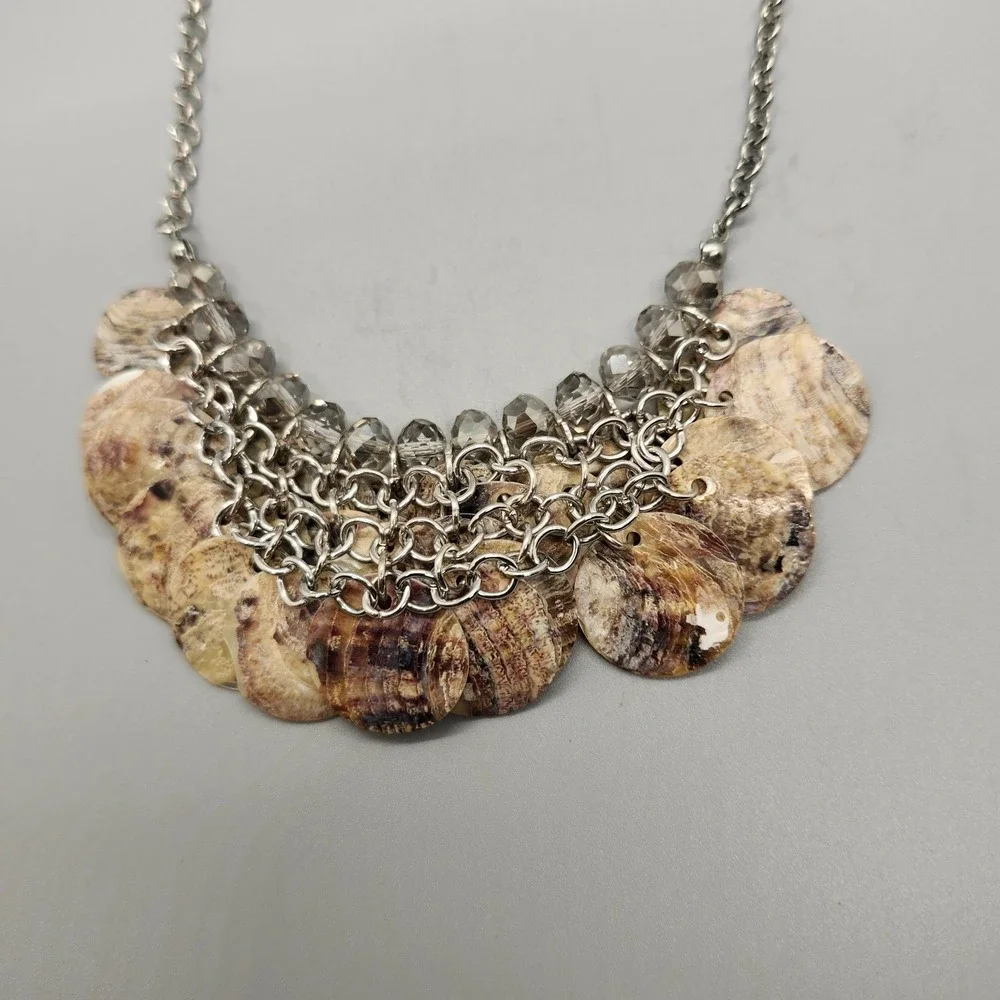 Mother of Pearl Cluster Disc Crystal Bead Bib Chain Necklace Silver Tone